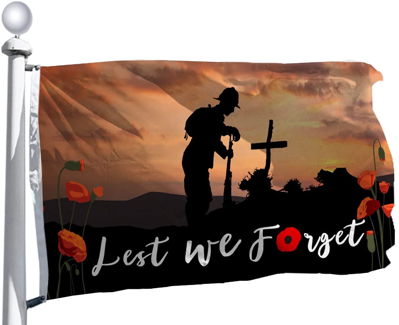 rhungift Original Design British Military World War I Lest We Forget Flag 90x150cm, Moderate-Outdoor Both Sides 100D Polyester, WW1 Centenary Poppy Flags Remembrance Day Gifts