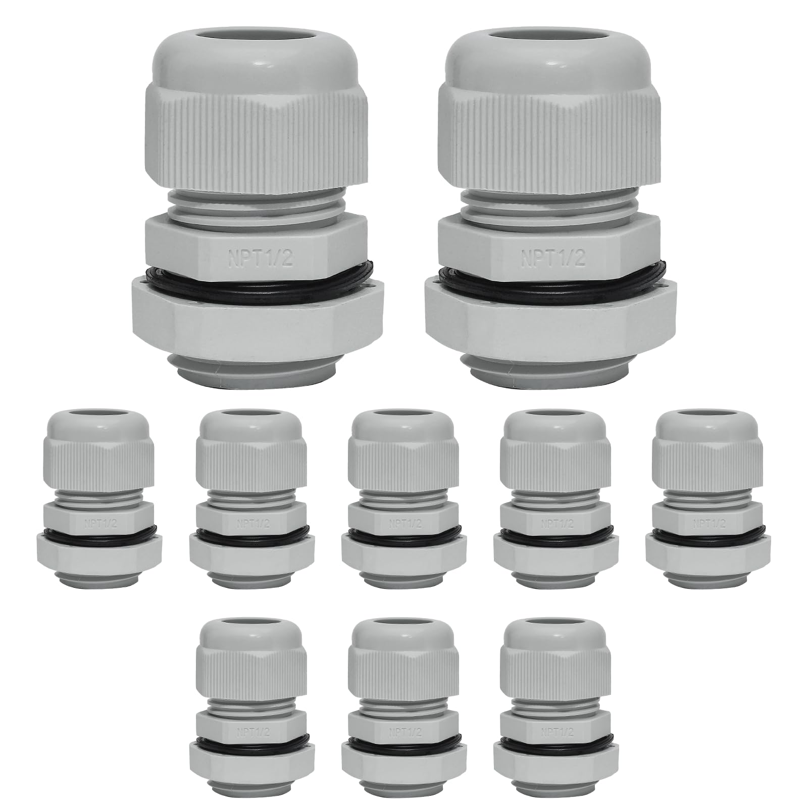 Photo 1 of Bonsicoky 10 Pcs 1/2" NPT Nylon Cable Glands, IP68 Waterproof Adjustable Cord Grip Cable Connector Strain Relief Wire Protectors for 6-12mm Cable Diameter, Grey