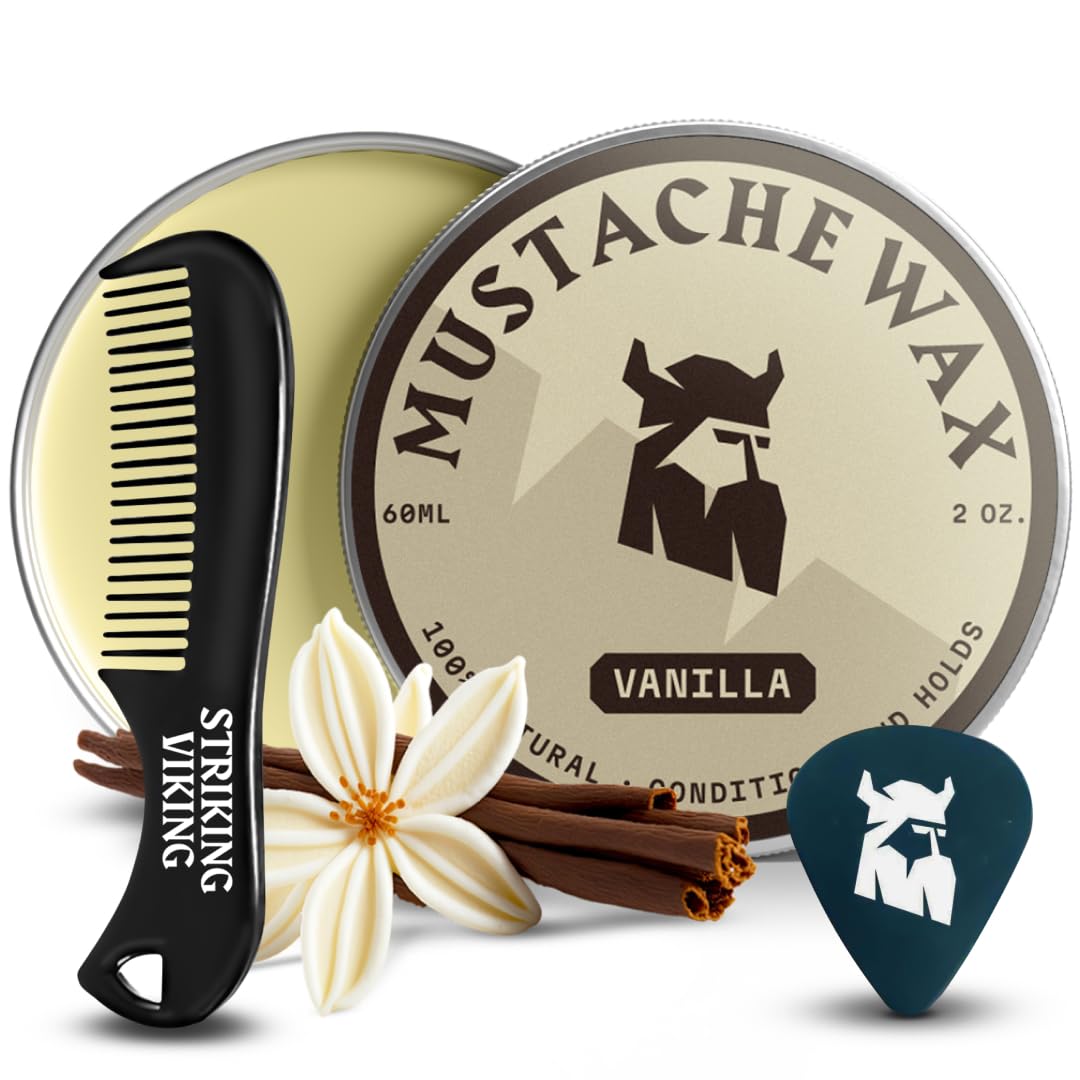Striking Viking Moustache Wax and Comb Kit - 60g, Vanilla Scent - Strong Hold Moustache Grooming Kit with Anti-Static Comb for Precise Grooming - Non-Greasy Formula for Easy Beard Care