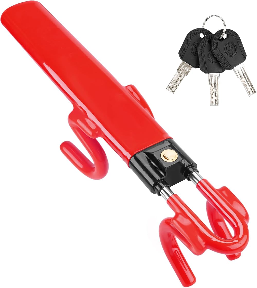 Tevlaphee Steering Wheel Lock Twin Bar with 3 Keys Red High Visibility