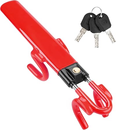 Tevlaphee Steering Wheel Lock Twin Bar with 3 Keys Red High Visibility