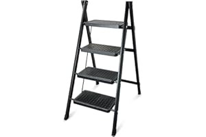 Krightlink 4 Step Ladder Folding Step Stool with Wide Anti-Slip Pedals, Portable Folding Heavy-Duty Steel Sturdy Ladder for Home and Kitchen, Black, 330 lbs
