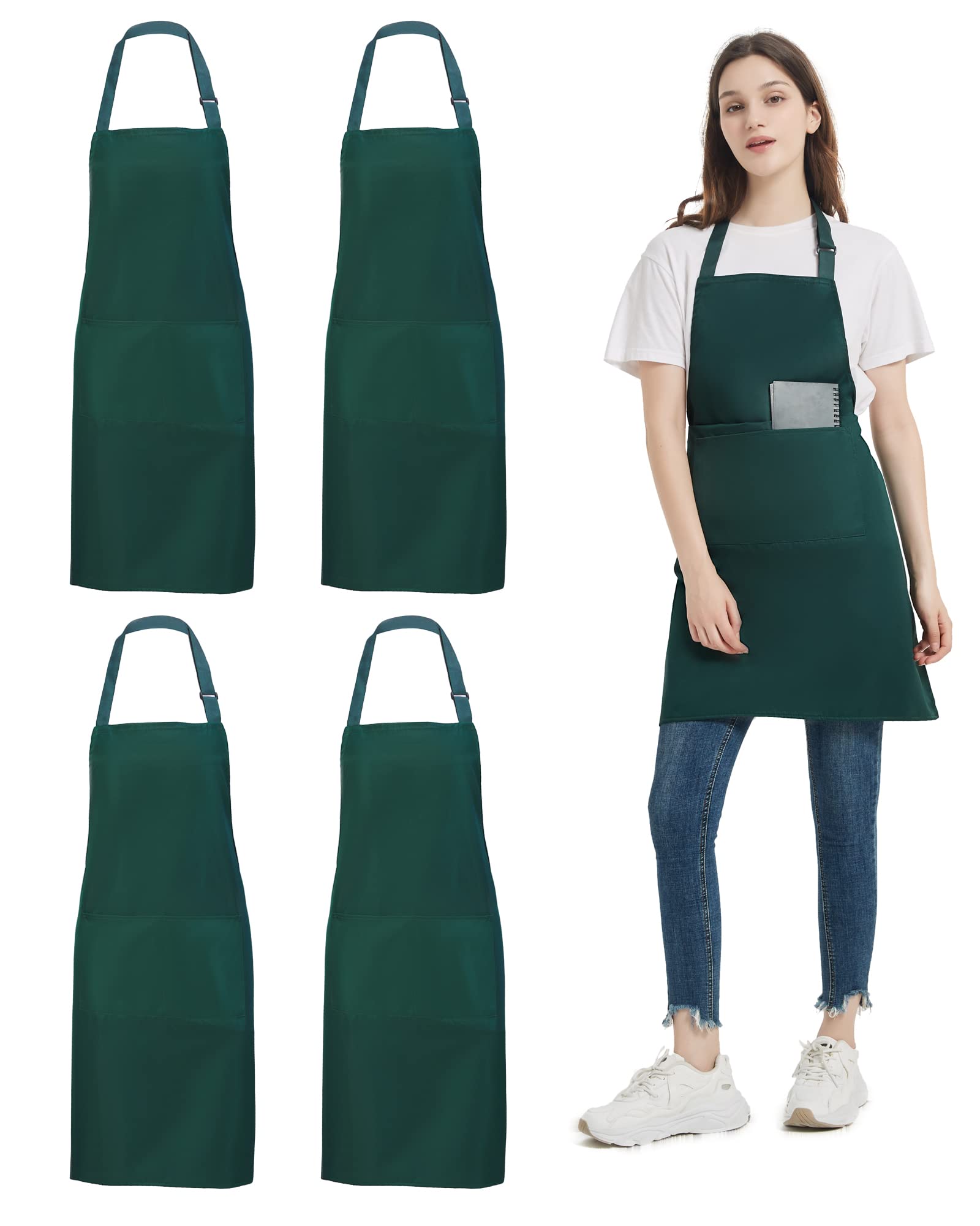 atopo 4 Packs Chef Apron, Waterproof Catering Apron with 2 Pockets, Adjustable Work Aprons Perfect for Kitchen Cooking Painting Gardening Cleaning Restaurant BBQ, Personalised Apron (Green)