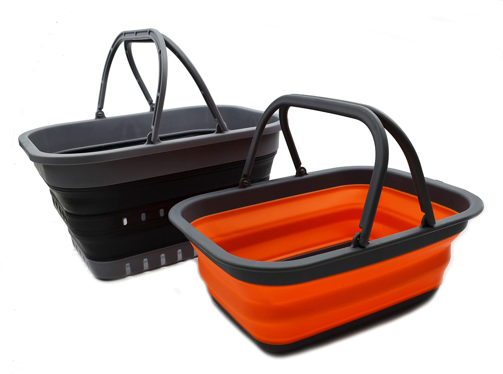 SAMMART 9.2 & 19L Collapsible Tub with Handle - Portable Outdoor Picnic Basket/Crater - Foldable Shopping Bag - 2 Pieces (Orange & Black)