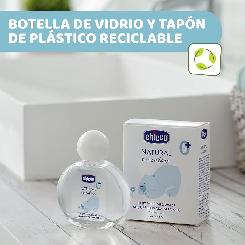 Chicco água perfumada sensação natural, fragrância fresca e delicada, colônia sem álcool para bebês e recém-nascidos, recipiente de vidro, 100 ml