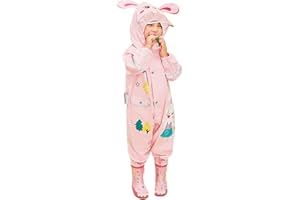 FEWLBY Toddler Girls Rain Suit Lightweight Waterproof Coveralls Cartoon Rabbit Hoodie Rain Jacket 4-6 years L Size