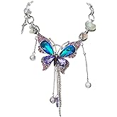 Fairy Chunky Chain Blue Purple Lavender Butterfly Charm Large Pendant Necklace Sliver Short Big Chunky Butterfly Necklaces for Women Multicolor Bling Grunge Fairy Collar Choker Necklace Jewelry