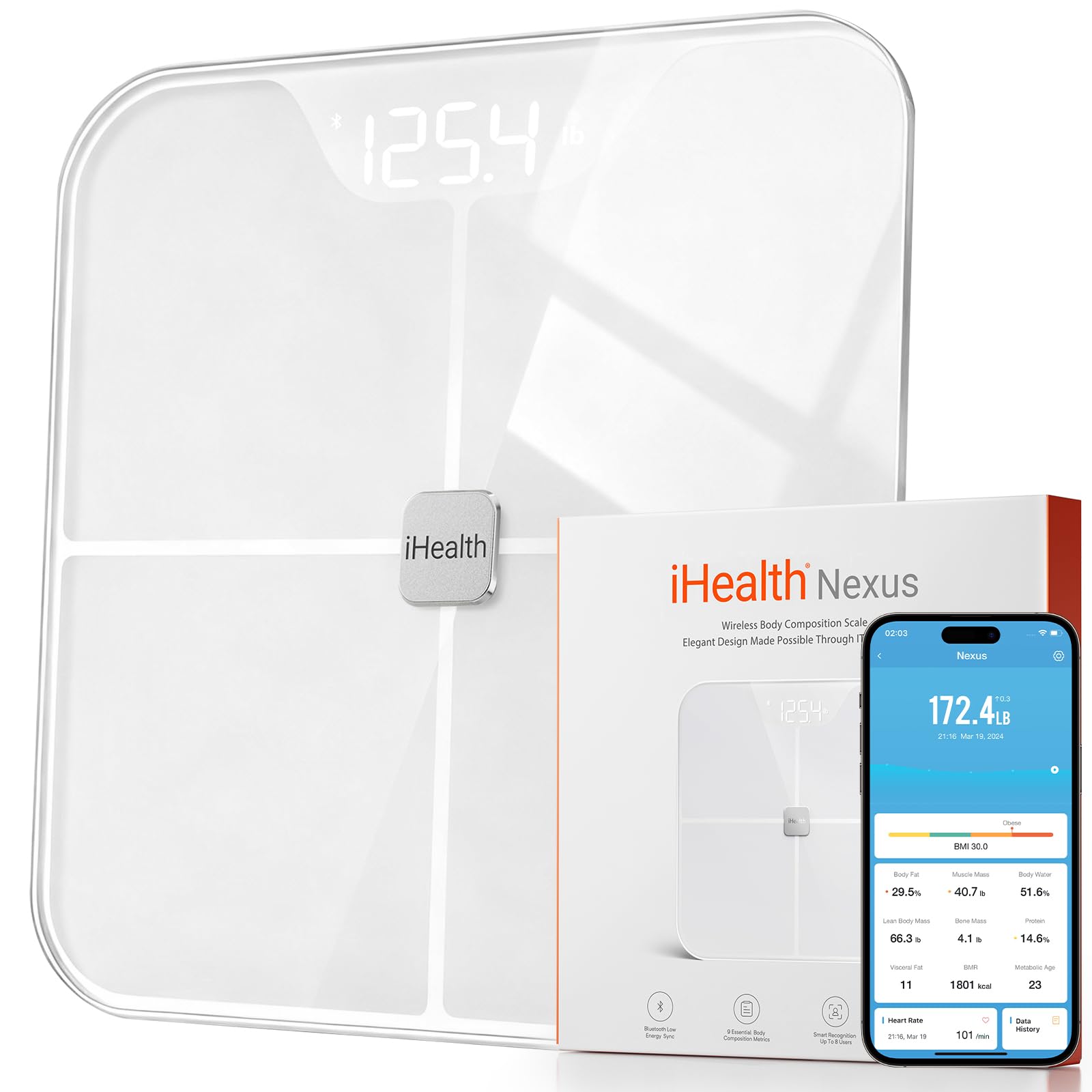 iHealth FIT Body Fat Scale Smart BMI Scale Digital Bathroom Bluetooth Weight Scale, Body Composition Analyzer with Tempered Glass Platform, Large LED Backlit with Smartphone App, 400 lbs - White