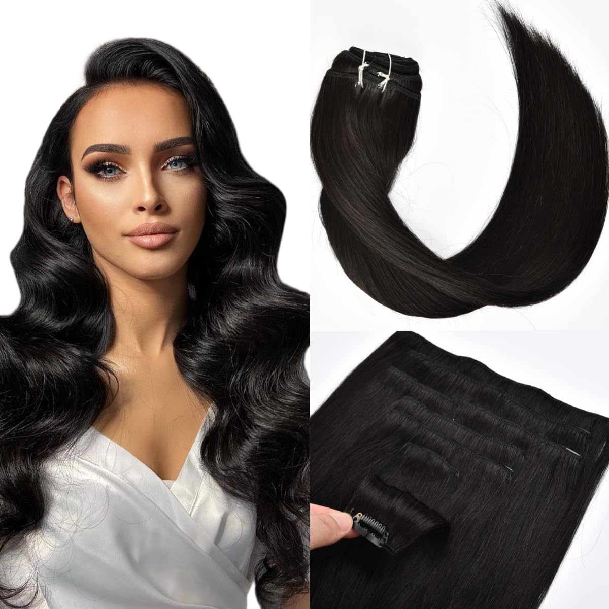 Kun Na Remy Clip in Hair Extensions Real Human Hair Clip On Straight Full Head Weft Extensions for Women 7Pcs 16Clips 120g/Set (#1B Natural Black, 14 Inch)