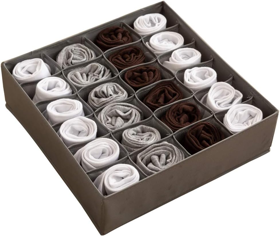 ALYER Collapsible Fabric Drawer Organizer Divider,Closet Storage Box Bins Containers for Panties,Underwear, Ties,Bras, Socks, Lingerie (Gray-24 Cells)