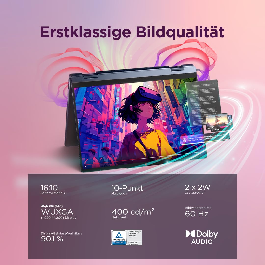 Lenovo IdeaPad 5 2in1 Laptop | 14" WUXGA Touch Display | AMD Ryzen 7 250 | 16GB RAM | 512GB SSD | AMD Radeon 780M | Windows 11 | QWERTZ | exkl. Farbe in Cosmic blau | 3 Monate Premium Care 3