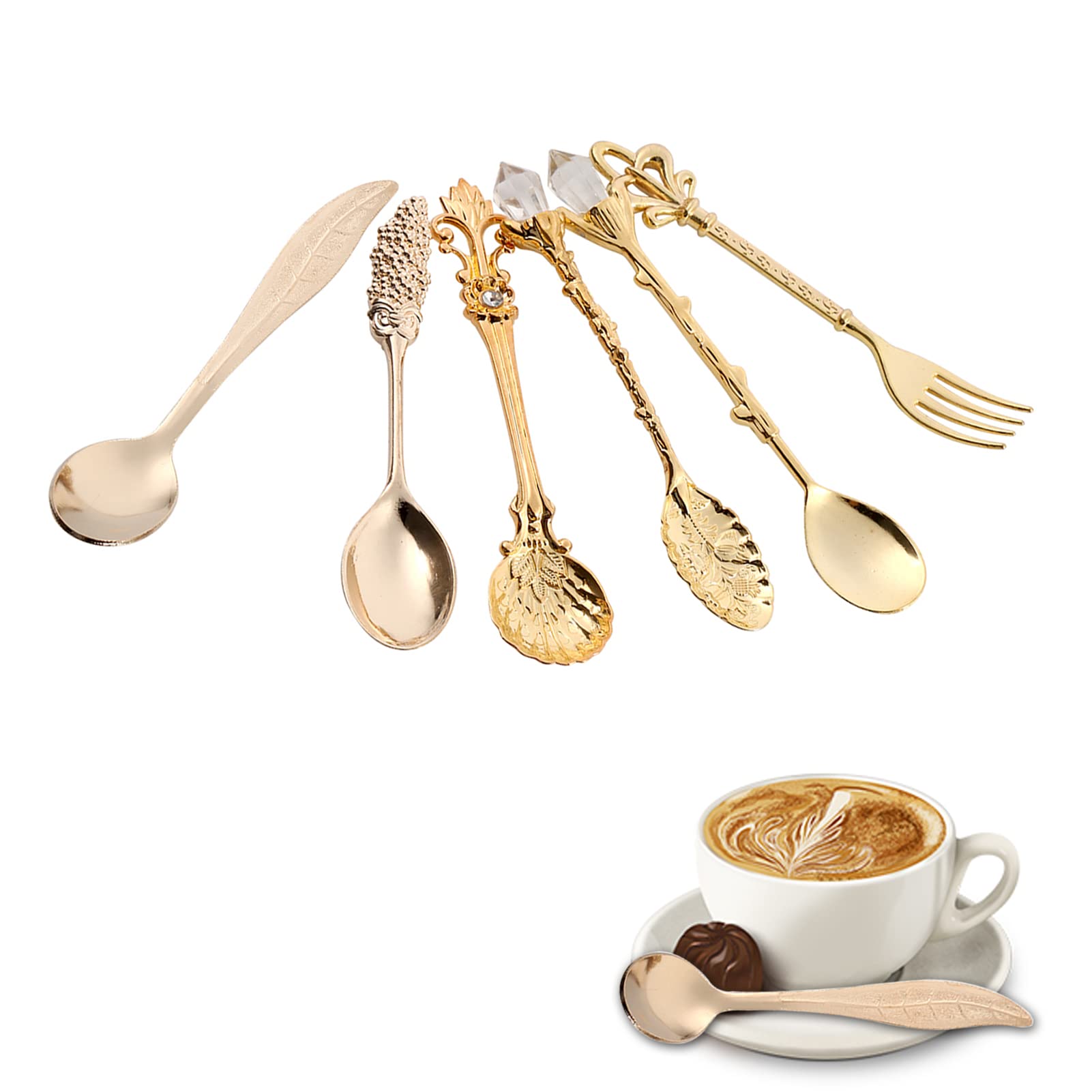 6Pcs Tea Spoons Gold Flatware Set, Retro Zinc Alloy Carved Coffee Ice Cream Fruit Dessert Spoons and Fork (Red Bronze)