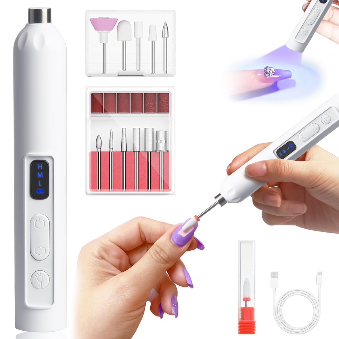 ネイルマシン 【2025新登场 爪磨き ネイルライト 二合一】 電動ネイルマシン 1台で多用途 ネイルマシーン ジェルネイル オフ 甘皮処理 ジェルネイル ライト リムーバー 爪磨き 三段階スピ一ト usb充電式 両用 携帯に便利 LEDディスプレイ 低騒音 正逆回転 電動 多機能 電動ネイル削り ネイルポリッシャー 電動やすり 爪 ネイル 電動ヤスリ 日本語の説明書付き商品画像