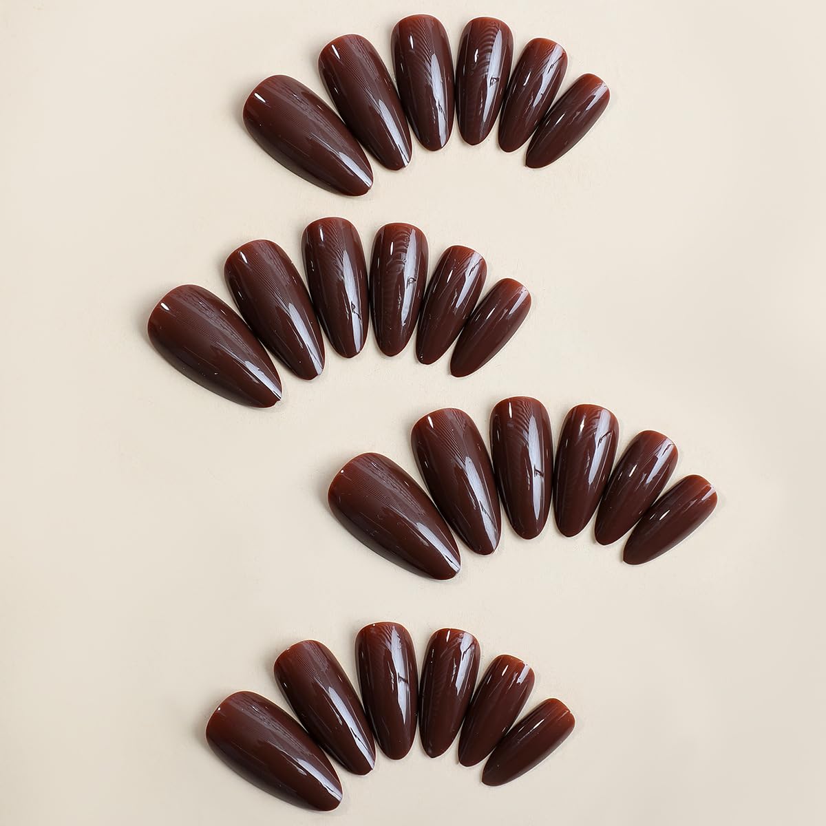 Chocolate Brown Press on Nails Almond Medium, Solid Color Glossy Fake Nails Press Ons Almond Shape, Stick on Nails for Women and Girls Daily Wear in 24PCS - Image 5