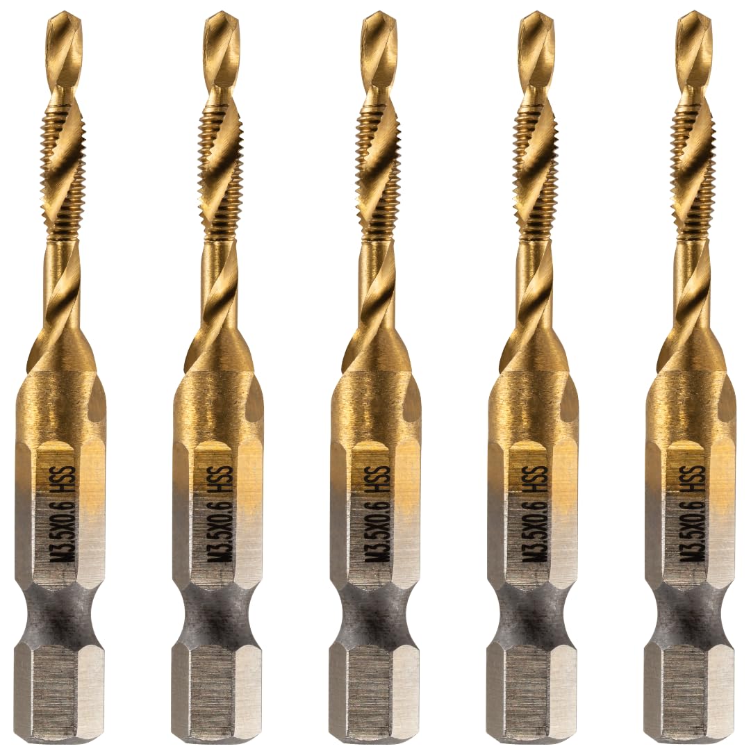 Rennie Tools - Pack Of 5 - M3.5 x 0.6 Combination Drill and Tap Bit, 1/4" Hex Shank. Metric Coarse Titanium Coated HSS Spiral Flute Drilling Tapping Tool. 3.5mm x 0.6mm Pitch Drill Bit.
