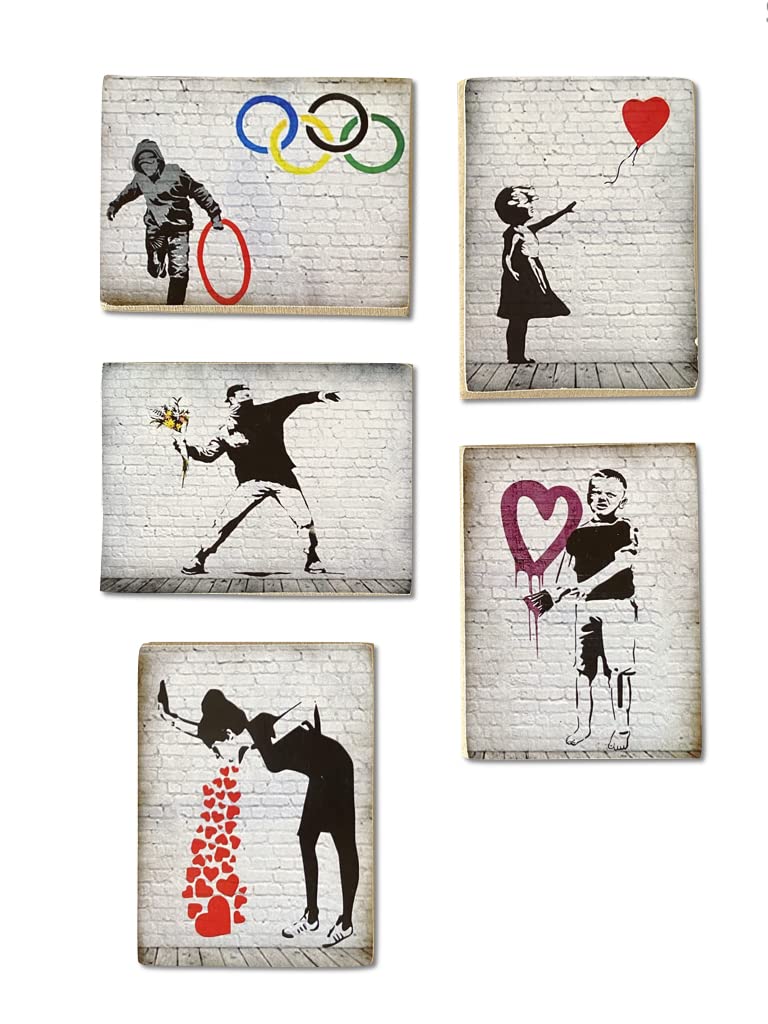 KUSTOM ART Composition of 5 Vintage Style Squares Bansky Series Framed Wall Art Print on Wood 18x25 and 25x18 cm each picture