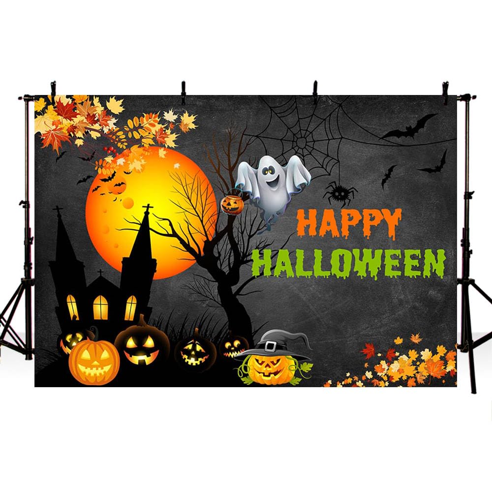 MEHOFOTO 7x5ft Happy Halloween Birthday Party Decoration Photo Studio Booth Background Props Pumpkin Ghost Halloween Eve Maple Leaves Banner Black Evening Backdrops for Photography