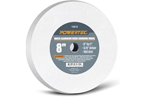 POWERTEC Bench Grinder Wheel 8 Inch 100 Grit, White Aluminum Oxide Grinding Wheel for Bench Pedestal Grinder, 1" Thick 5/8" Arbor, Sharpening & Shaping Drill Bits, Blade, and Chisel 1PK (15513)
