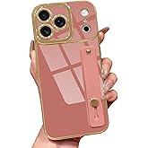 Lafunda for iPhone 17 Pro Case Cute, Luxury Gold Plated for Women Girls Elegant TPU Bumper Cover with Wrist Strap Kickstand Camera Protection Shockproof Silicone Phone Case for iPhone 17 Pro, Pink