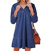 CHARTOU Women 3/4 Sleeve Ruffle Denim Dress Summer Collared V Neck Loose Shirt Jean Dress with Pockets