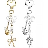 2pcs Bow Heart Beaded Keychain Accessories Cute Keychains for Women Kawaii Bowknot Pearl Bag Charms for Handbags Silver Gold Bows Hearts Key Chain for Car Keys Aesthetic Heart Key Ring Backpack Charms