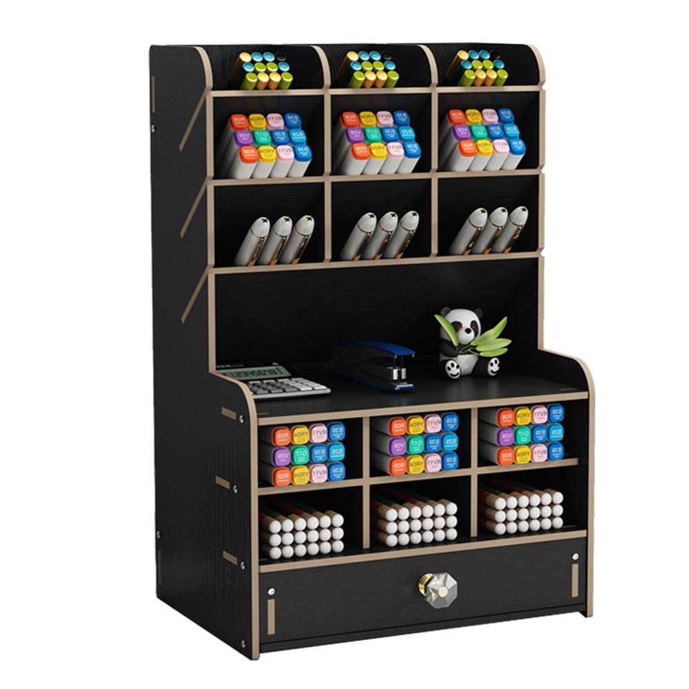 Wooden Desk Organizer with Drawer, Large Capacity DIY Pen Holder Storage Box Desktop Stationary Storage Rack, Pen Organizer Caddies for Office, Home and School Supplies (B16-Black)