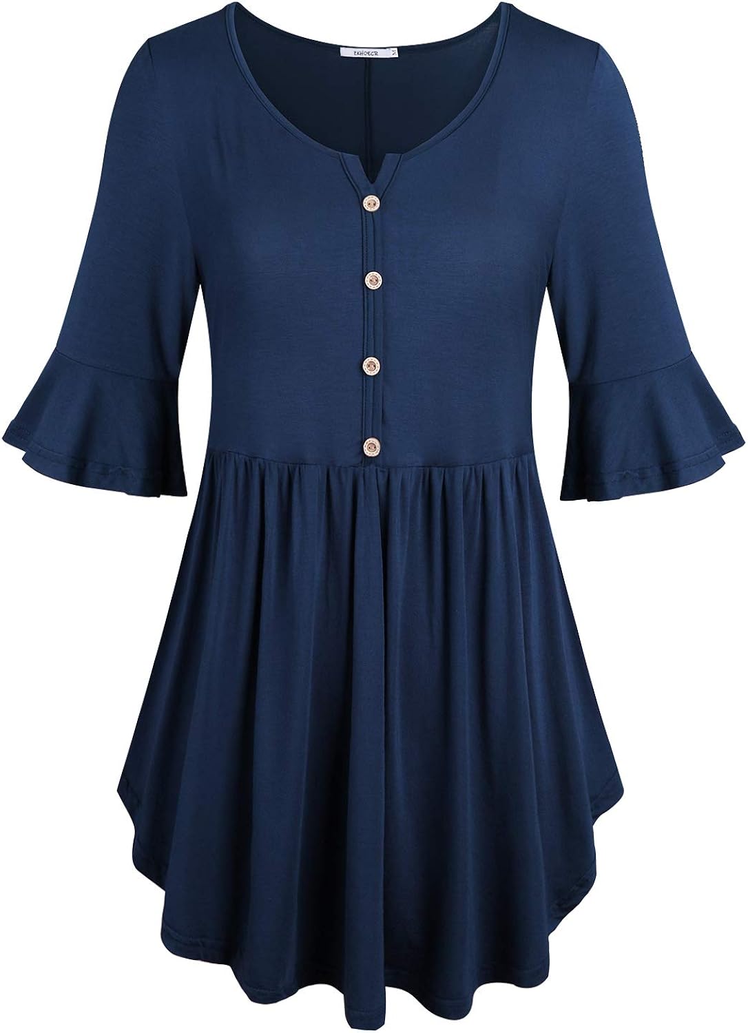 ZKHOECR Women's V Neck 3/4 Bell Sleeve Henley Pleated Casual Tunic Blouse Shirts: Clothing