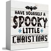 Rustic Winter Have Yourself a Spooky Little Christmas Bat Wood Box Sign, Farmhouse Christmas Santa Artwork Decor, Wood Square Sign Desk Block Signs Home Shelf Office Decoration 5 x 5 Inches