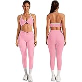 ABOCIW Womens 2 Piece Workout Sets Twits Front Halter Sports Bra Tummy Contron Leggings Yoga Pilates Outfits