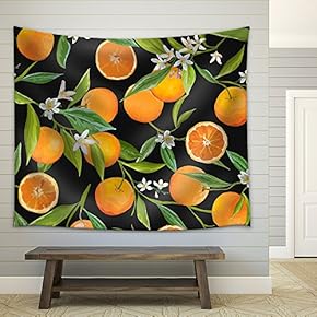 Vector - Seamless Pattern. Orange Fruits Background. Floral Pattern. Flowers, Leaves, Fruits Background - Fabric Wall Tapestry Home Decor - 51x60 inches