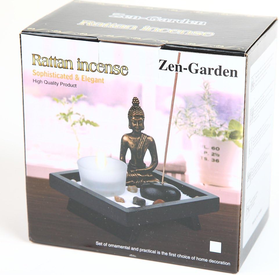 Japanese Zen Garden Kit Thai Sitting Buddha Ornament Statue Candle Holders Natural Stone Rattan Incense Gift Set (Sitting Budha HD38) - Image 5