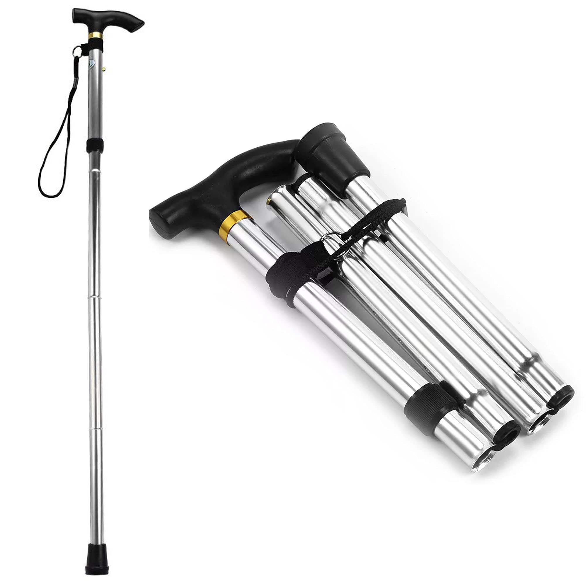 PLASTIFIC Walking Stick, Easy Adjustable Height Folding Extendable Walking Cane, Lightweight Flexible and Durable Walking Aid Mobility Aid Collapsible Walking Stick (Silver)