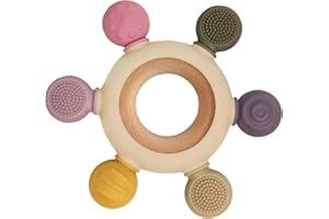 GUYEMNAT Baby Teething Toys with Wooden Ring, Teethers for Babies 3-6 Months, Wooden Baby Toys, Easy to Grasp Toy for Baby Teething Relief, Chew Toys for Sucking Needs, Silicone Baby Teether BPA Free