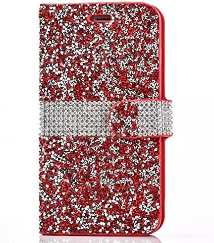 Iphone 7 Plus Case, Shinny Glitter Jelly Color Full Diamond Rhinestone Magnet PU Leather Stand Wallet Flip Case for Iphone 7 Plus 5.5"(Belt &amp; Card Cash Holder) (Red)