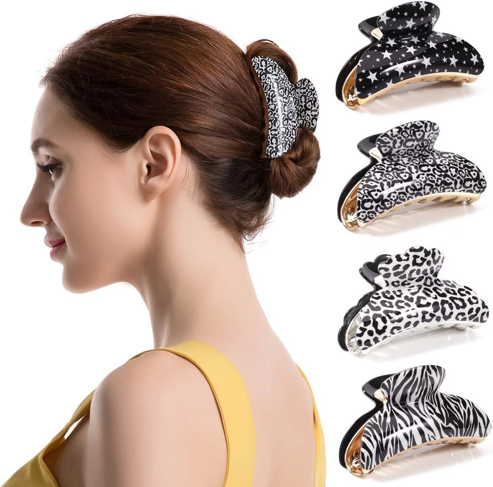 Twinfree 4 Pack Jaw Clips, Simple Leopard Pattern Hair Clamps Vintage Non Slip Claw Clips for Women (color 9)