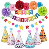 Outgeek Happy Birthday Banner Decorations Party Supplies, Birthday Party Decorations with Happy Birthday Banner Letters, Tissue Pom Poms Flowers, Star Paper Garland Happy Birthday Hat