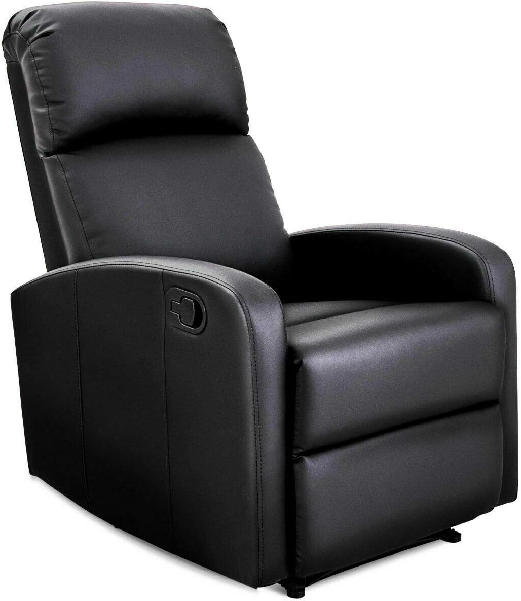Home Living Room Modern Furniture Decor Console Reclining Sofa Comfort Manual Push-Back Recliner Chair Black PU Foam Sit Game Ottoman Lounger TV Theatre Couch Sturdy Heavy Duty Steel