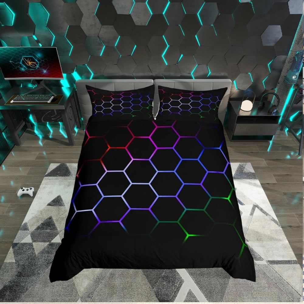 Loussiesd Hexagonal Bedding Set 3D Geometric Honeycomb Duvet Cover Kids Boys Girls Luxury Beehive Hexagon Bed Cover Neon Green Blue Red Black Bedspread Cover 3Pcs Double Size