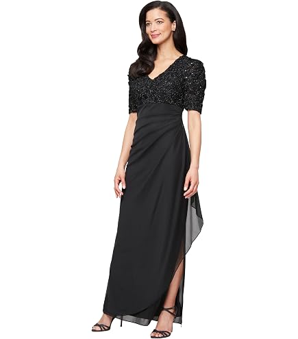 alex evenings petite dresses amazon Women's Long Cold Shoulder Dress, Mother of The Bride, Formal Events, Black Glitter, 4 : Clothing, Shoes & Jewelry illusion lace top perfect for mothers of Music From and Inspired Color:White (With a different lace)