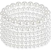 6 Pcs Pearl Bracelet Stack White Pearl Stretch Bracelets For Women Stackable Elastic Beaded Bracelet For Women Bridesmaid Bridal Wedding Jewelry