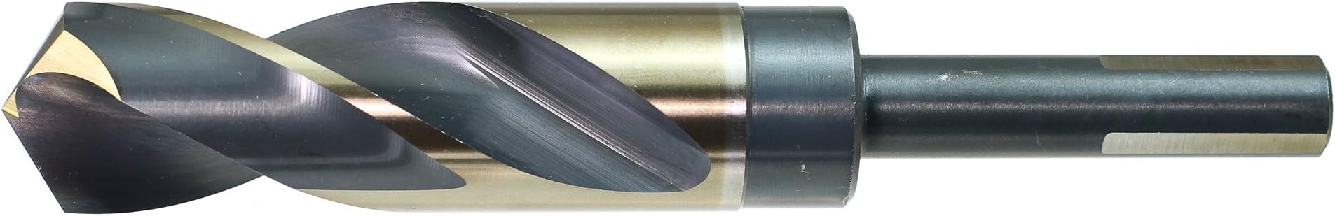 Drillco1000EF Series High-Speed Steel Reduced-Shank Drill Bit, Black/Gold Oxide Finish, Round Shank with Flats, Spiral Flute, 135 Degree Split Point, 1-1/8" Size