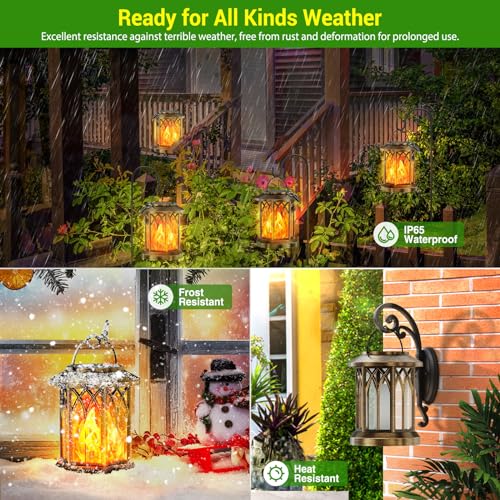 GEARLITE Garden Solar Lights for Outdoor Hanging, 2 Pieces Solar Lanterns for Outdoor Use with Realistic Flame Effects, IP65 Waterproof Solar Lights, Garden Decoration with Clips for Outdoor Yard (2, Bonze)