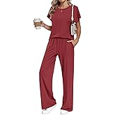 AUSELILY Women's Batwing Short Sleeve Two Piece Sets Summer Crew Neck Wide Leg Pants Matching Sets Women Clothing 2026
