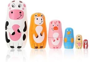 LUOZZY 5Pcs Russian Matryoshka Dolls Cartoon Animal Design Nesting Dolls Wooden Kids Playthings Home Decoration