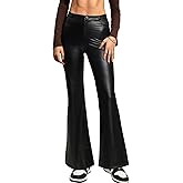 Coloquin Faux Leather Pants for Women High Waist Straight Wide Leg Flare Leather Pants with Pockets