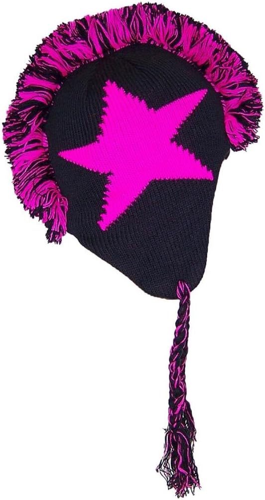 Heve Headwear Mohawk Winter Ear Flap Hat with Bright Neon Star (One Size) - Pink