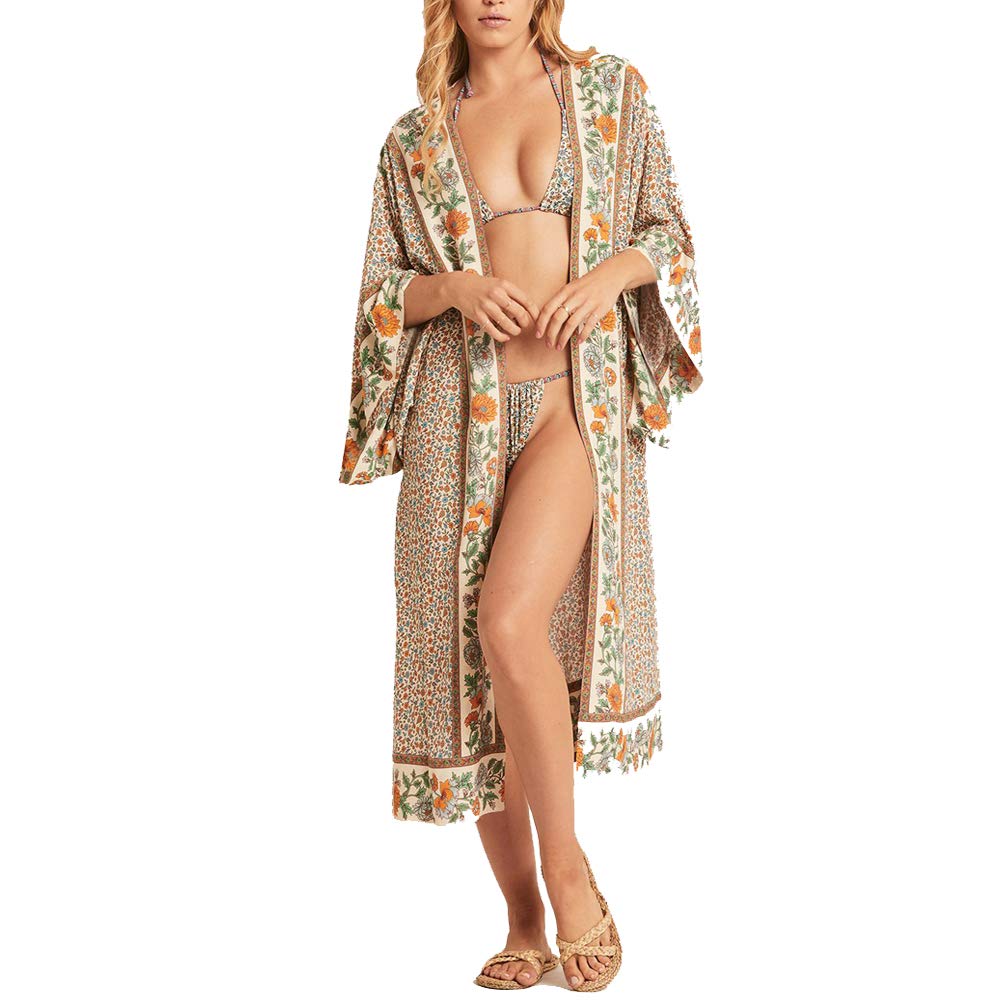 SIEBENEINSY Women's Boho Beach Swimsuit Cover Pareos Kimono Cardigan Dressing Gown Long Blouse Bikini Cape Vintage Swimwear Summer Dress - - One size