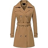 Chrisuno Women's Double Breasted Trench Coats Mid-Length Belted Overcoat Long Dress Jacket with Detachable Hood