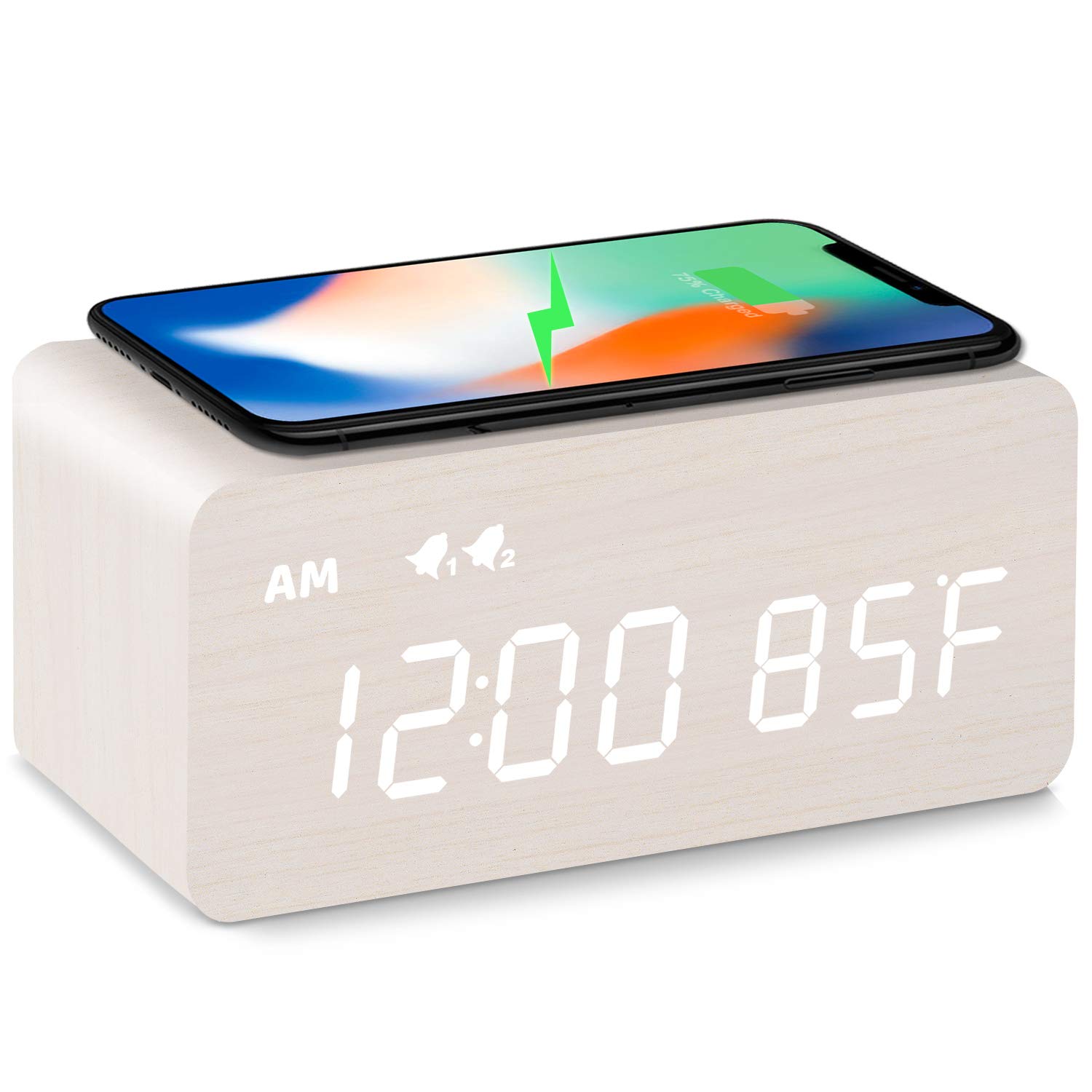 Photo 1 of MOSITO Digital Wooden Alarm Clock with Wireless Charging, 0-100% Dimmer, Dual Alarm, Weekday/Weekend Mode, Snooze, Wood LED Clocks for Bedroom, Bedside, Desk, Kids (White)