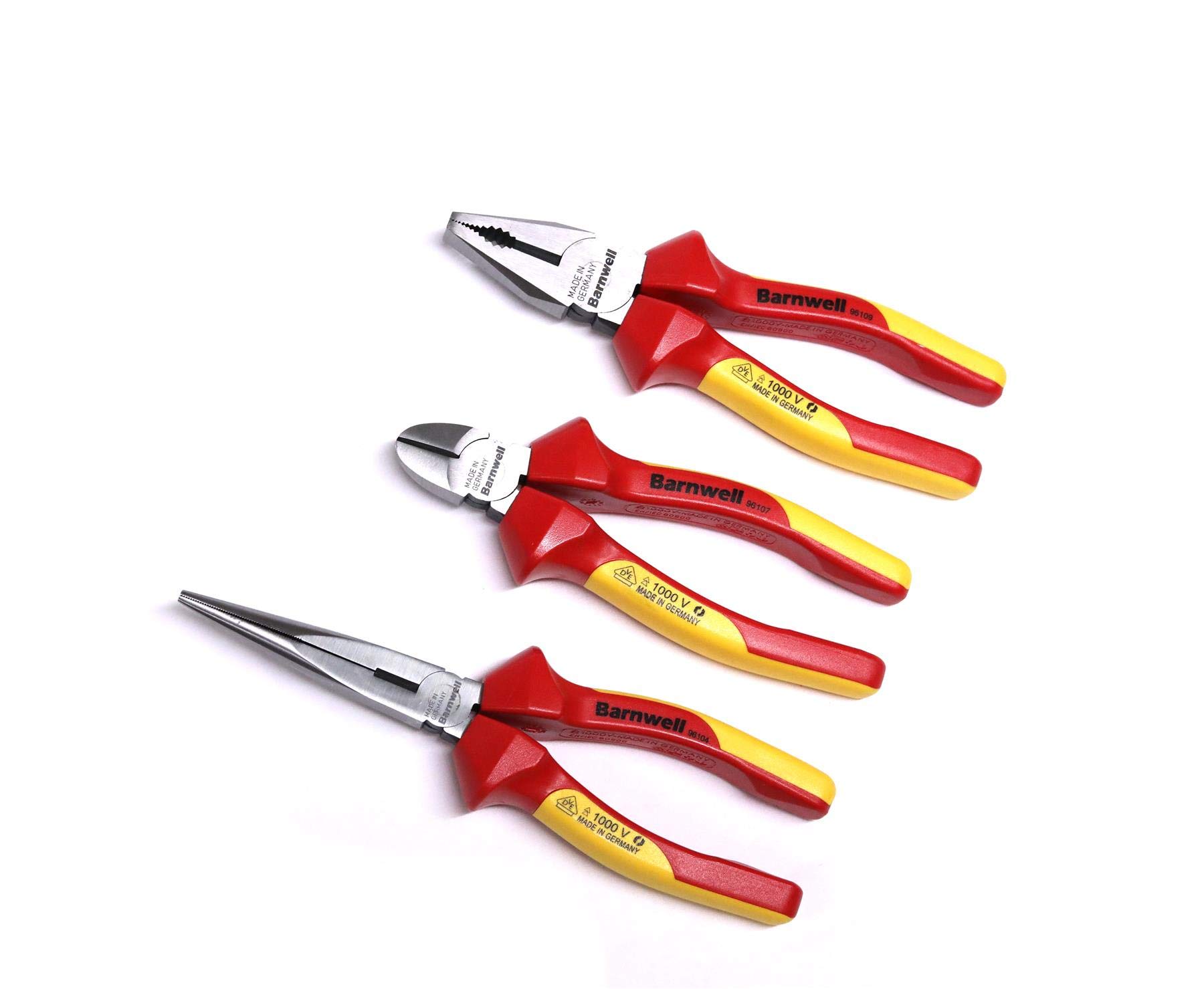 Barnwell Set of 3 VDE Pliers 160mm Side Cutter 200mm Long Nose 180mm Combination Plier Made in Germany